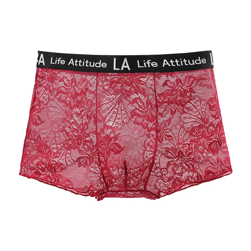 Lace Boxer Briefs for Men Sheer U Convex Pouch Boxy Underwear Mid-Rise Sexy Transparent Floral Mesh Letter Waistband Underpants