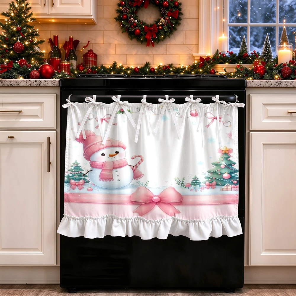1PC lace up kitchen curtain, ruffled hem, 2D flat Snowman Candy Cane pattern, cabinet cover curtain, Christmas home decoration