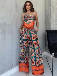 HH Women Pants Set Vintage Print Back Bow Tie Strapless Bustier Tops + Drawstring Trousers Female Chic Streetwear Pant Suits