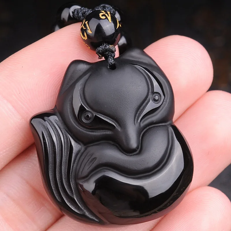 

Hand Carved Natural Obsidian Pendant Fox With Chain Lucky Amulet Pendant Necklace Women Men Fashion Crystal Jewelry Lucky Gifts