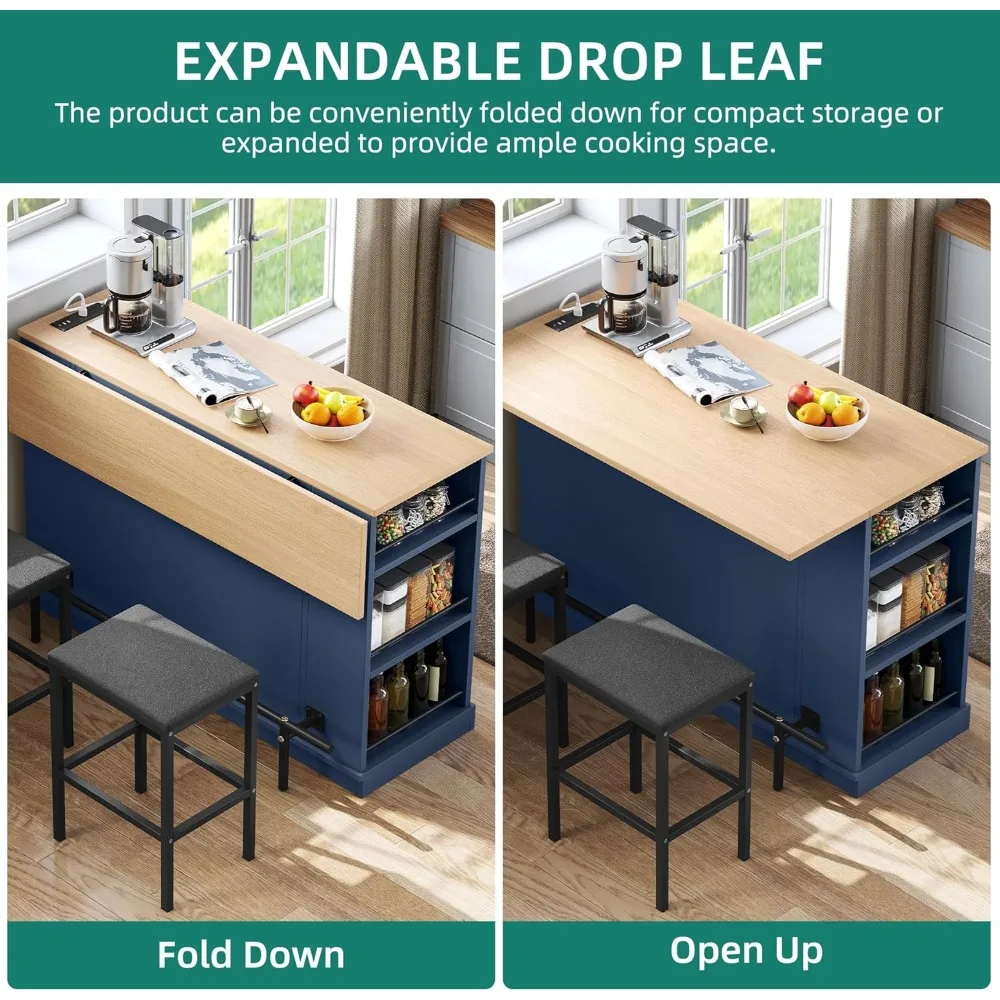 جزيرة المطبخ مع مقاعد، جزيرة تخزين متنقلة مقاس 47 بوصة مع أوراق قطرة، وطاولة جزر دوارة مع مخرج طاقة ومنفذ طاقة