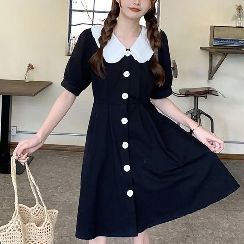 

Summer Sweet Peter Pan Collar Midi Dress Stylish Lace Patchwork Female Clothing Solid Color Folds Elegant A-Line Waist Dresses