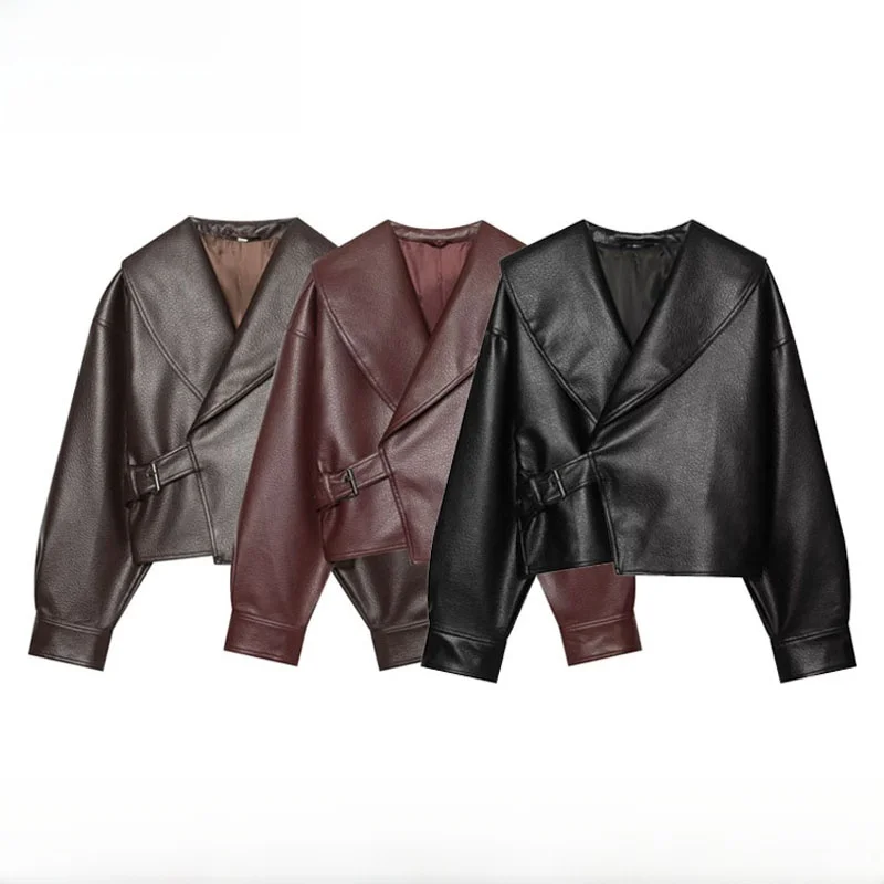 Early Autumn New Arrival Women's Fashionable Simple All-Leather Buckle Jacket Versatile Polyester Fiber Long Sleeve Short Coat