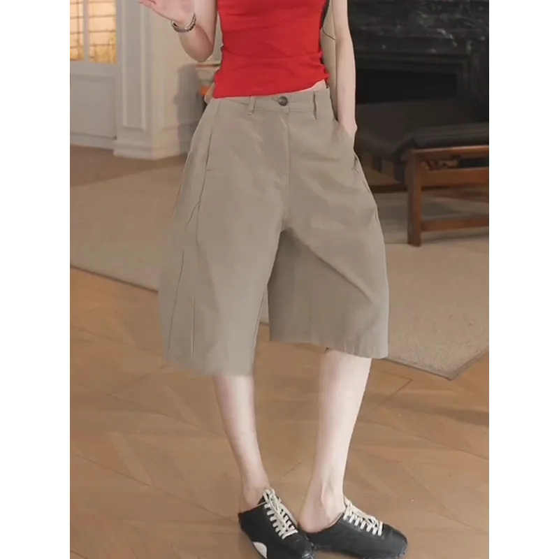 شورت كلاسيكي بلون سادة للنساء، شورت صيفي بسيط عالي الخصر وفضفاض ومتعدد الاستخدامات #3