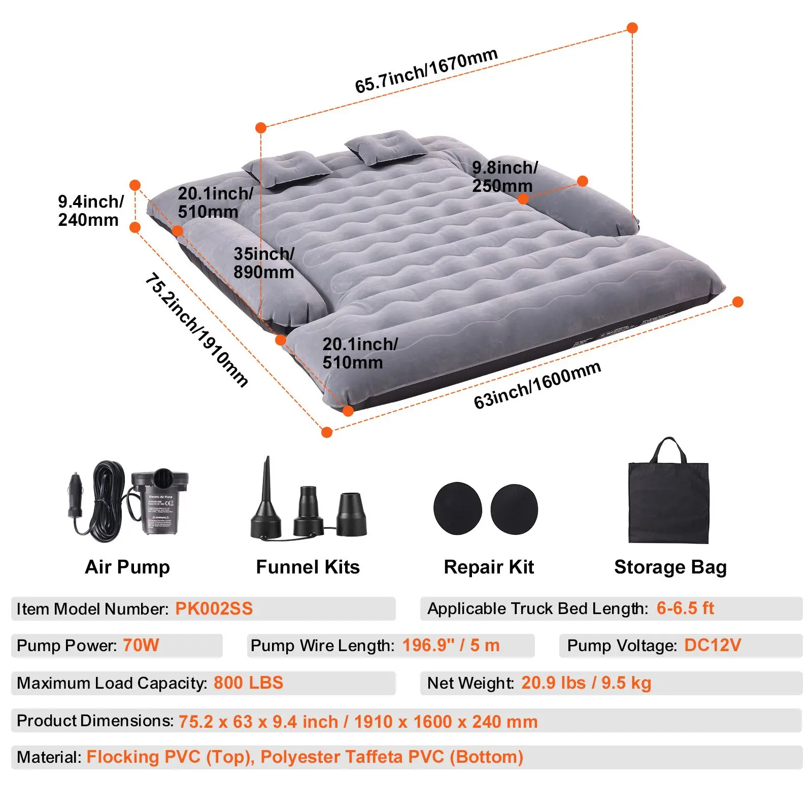 Truck Bed Air Mattress, for 6-6.5 ft Full Size Truck Beds, Inflatable Air Mattress Camping Bed with 12V Air Pump 2 Pillows, Carry Bag, for Chevrolet Silverado, Dodge Ram, Ford 150/250/350