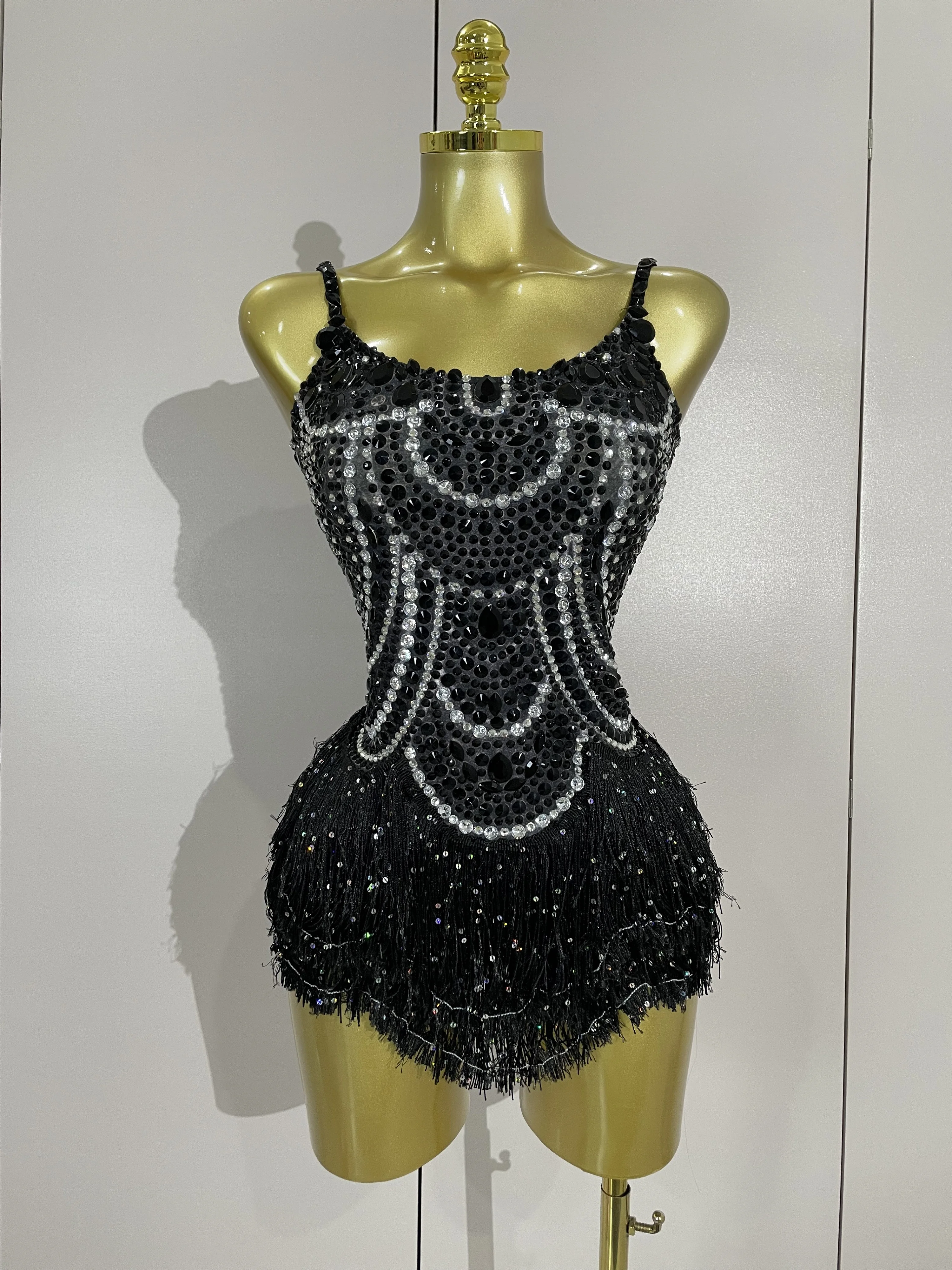 

New Arrived Sparkly Black Rhinestones Tassels Bodysuit Women Sexy Eveing Birthday Party Nightclub Dancer Performance Stage Costu