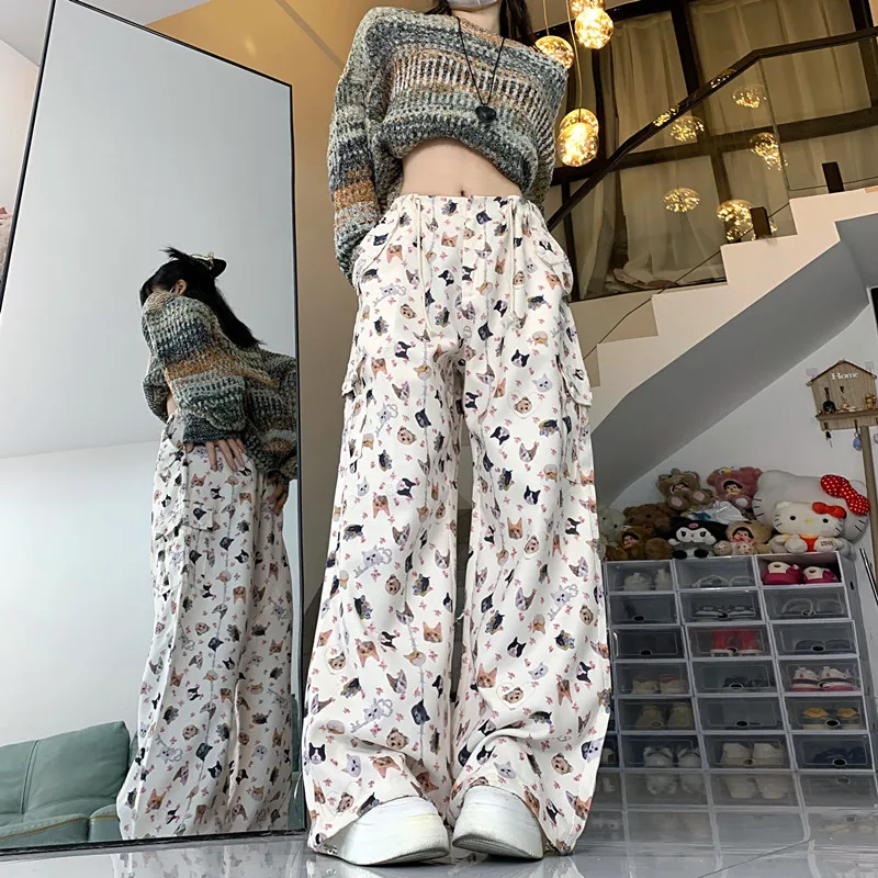 Women\'s White Baggy Graphic Print Cargo Pants Vintage Oversize Y2k Parachute Trousers Korean Harajuku Pants 2000s Clothes 2024