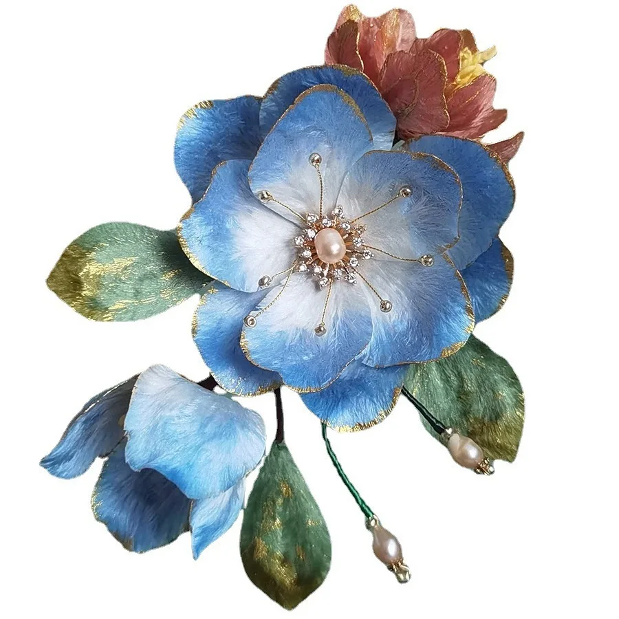Intangible Cultural Heritage Handmade Velvet Flower Hairpin Light Blue Gradient Silk Peony Hair Comb Hairpin Flower Comb Palace