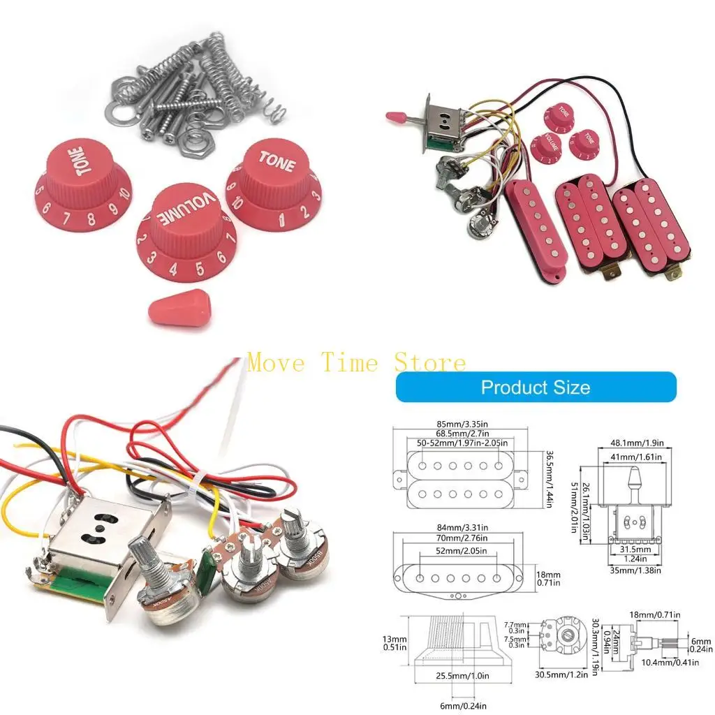 92ME HSH Electric Guitar Pickup Set with Prewired Harness, 5-Way Selector, Two Tone Knobs and Main Knob Layout, 500K Components