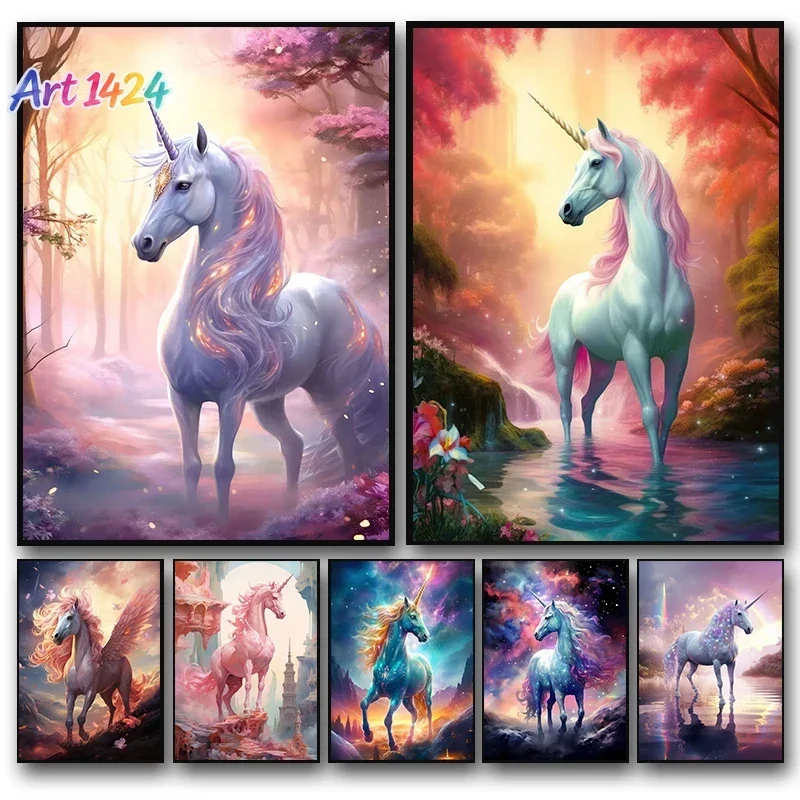 1pc frameless canvas painting Fantasy Beautiful Pink Unicorn Poster Colorful Pegasus Abstract Canvas Paintings Print Wall Art