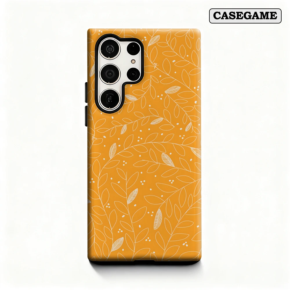 Casegame Phone Case for Samsung Galaxy S26 S25 Ultra S24 S23 Plus Shockproof Double Layer Tough Back Orange Leaf Line Art Cover