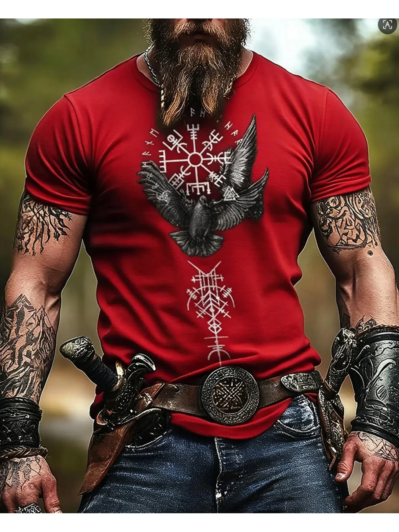 Nordic Warrior Viking Symbol 3D Print Red Short-Sleeved Retro Fitness Muscle Men's Top, Summer Men's Quick-Drying Sports T-Shirt