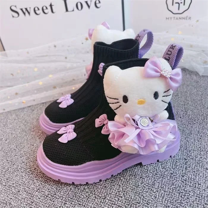 2024 new autumn Socks shoes hello kitty lovely bow plus size knitting black purple child Children's Fashion Boots