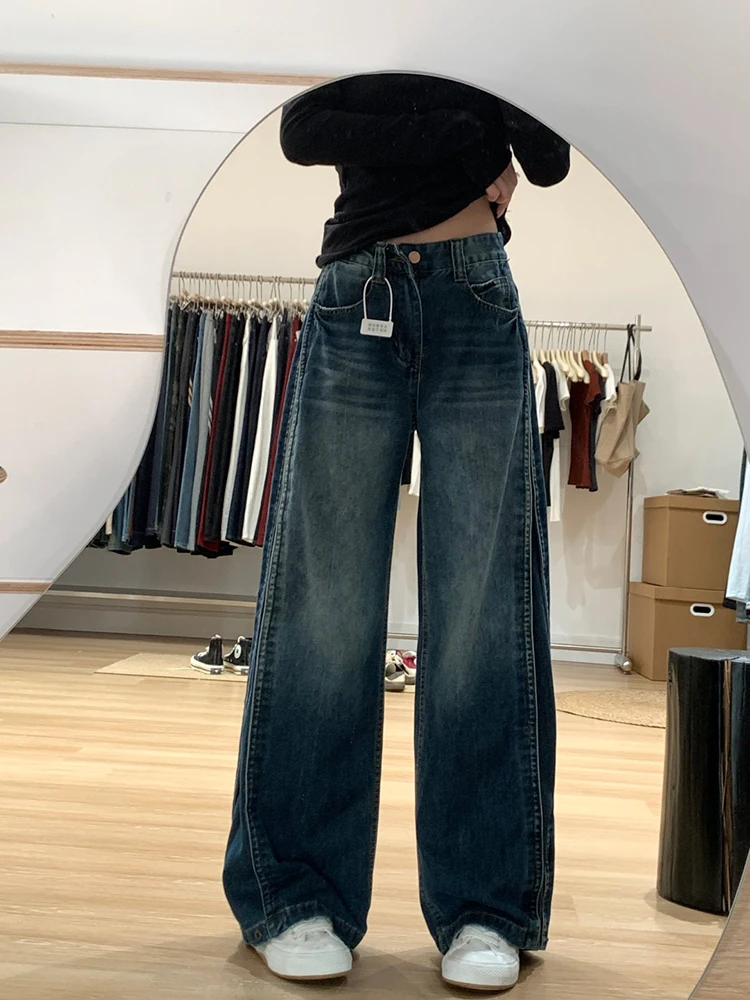 

Ретро синяя рабочая одежда, джинсы, женские осенне-зимние 2024, свободные широкие длинные брюки, удобные ленивые ощущения