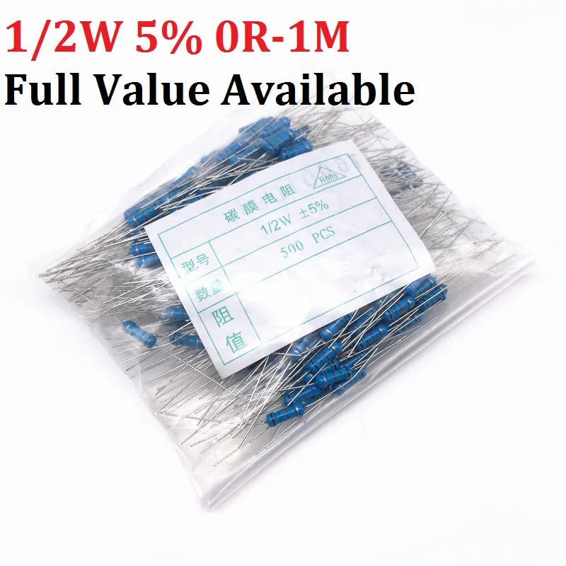 Free Ship 500pcs 1/2W Carbon Film Resistor (0R To 1M) 10K Ohm 10K 4.7k 2.2K 1K 100K 0.5W Metal 3/5/6/7/8/9.1.2.3.4.5.6.7.8./R/K