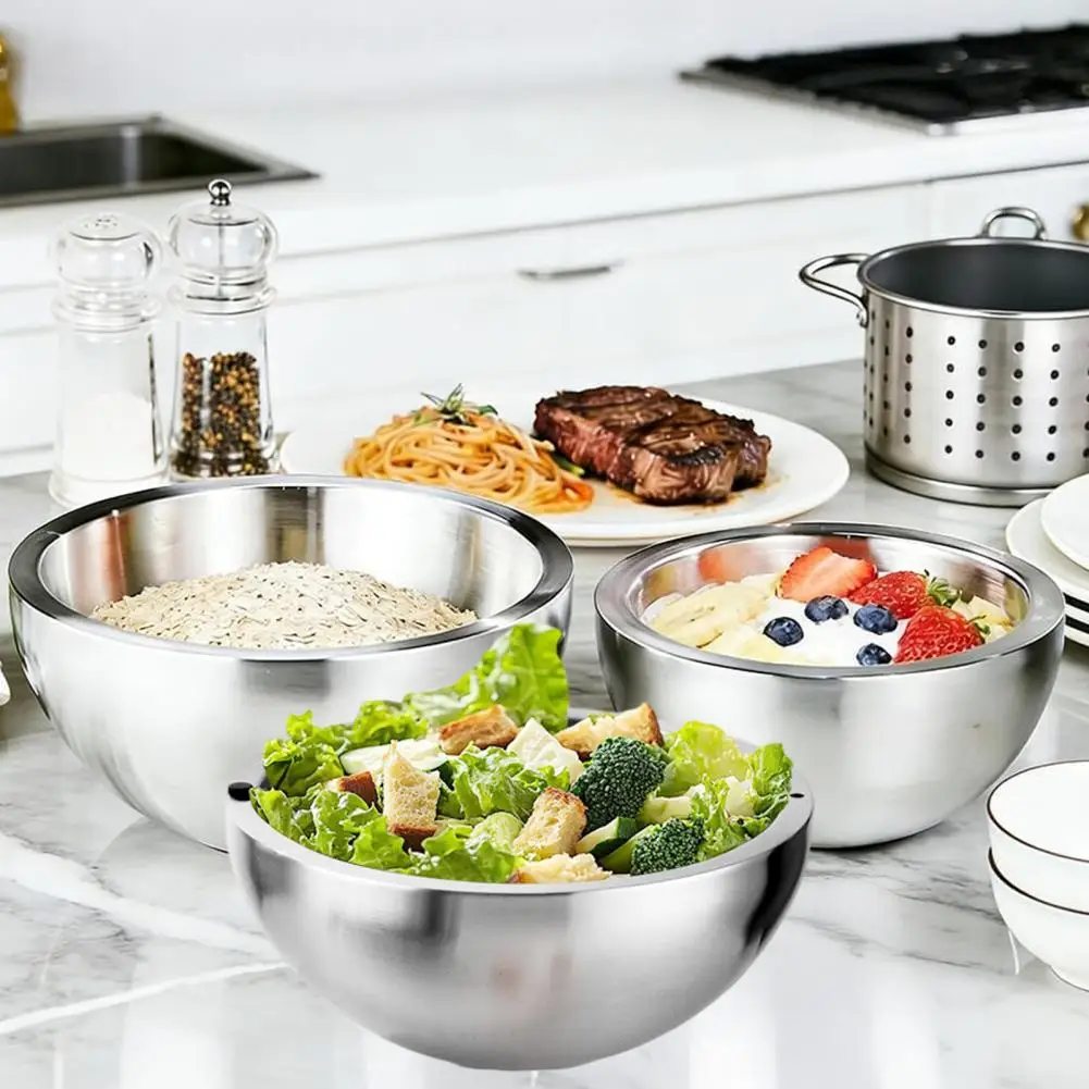 Portable Salad Bowl 304 Stainless Steel Double Wall Insulated Serving Bowl with Non-Slip Base Hot Cold Dishes Serving Bowl