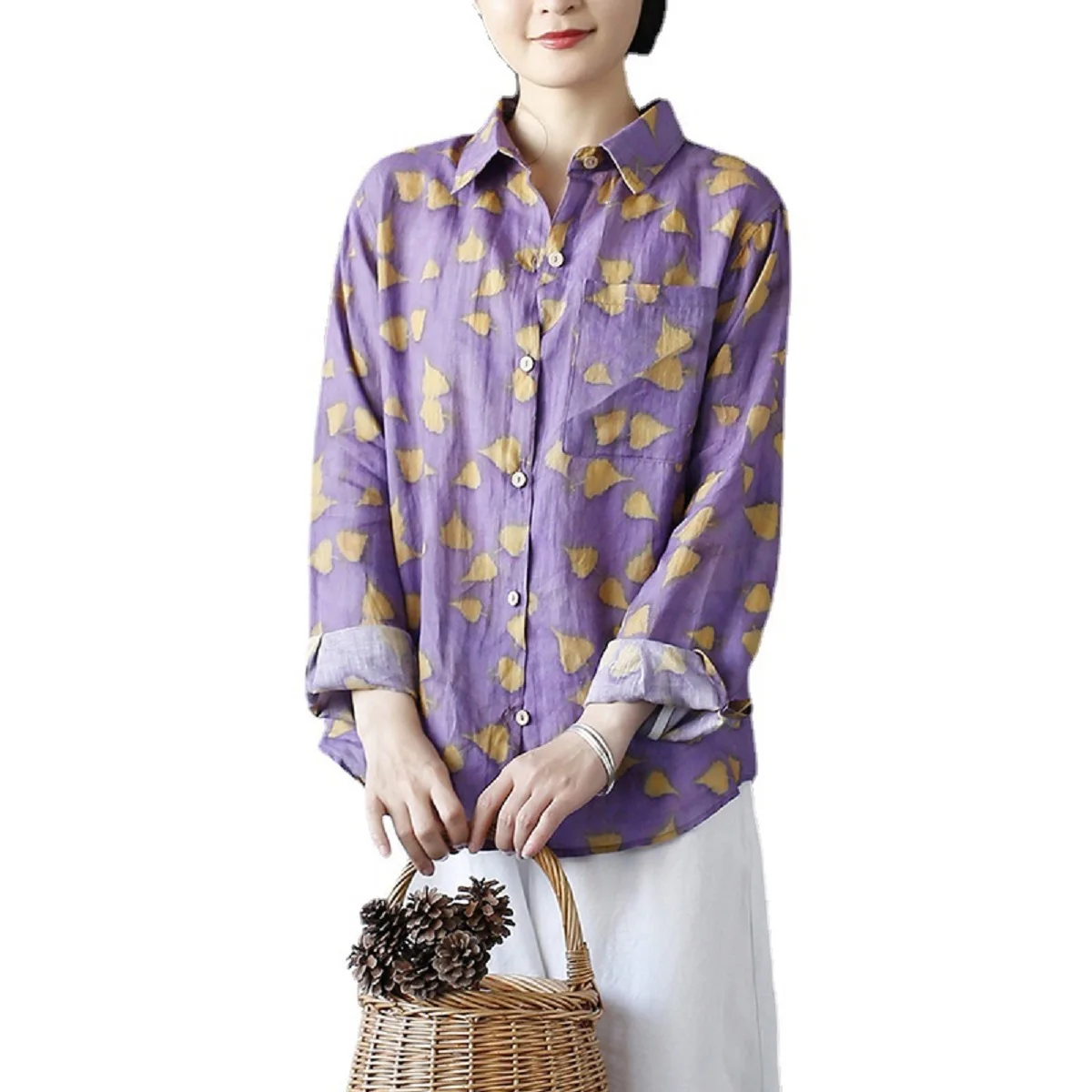 

Shanghai Story Long Sleeve Women Digital Print Linen Shirt Tops Casual Loose Fit Tunic Lady Blouse Purple