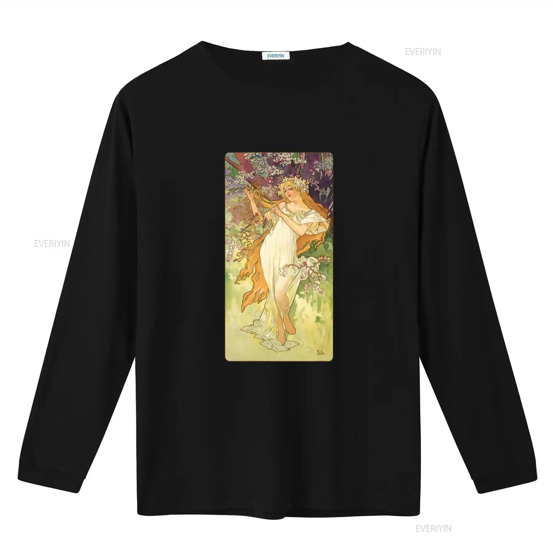 Alphonse Mucha Spring Art Nouveau T Shirt Vintage Print Four Seasons Design vintage Washed streetwear Stretched Versatile