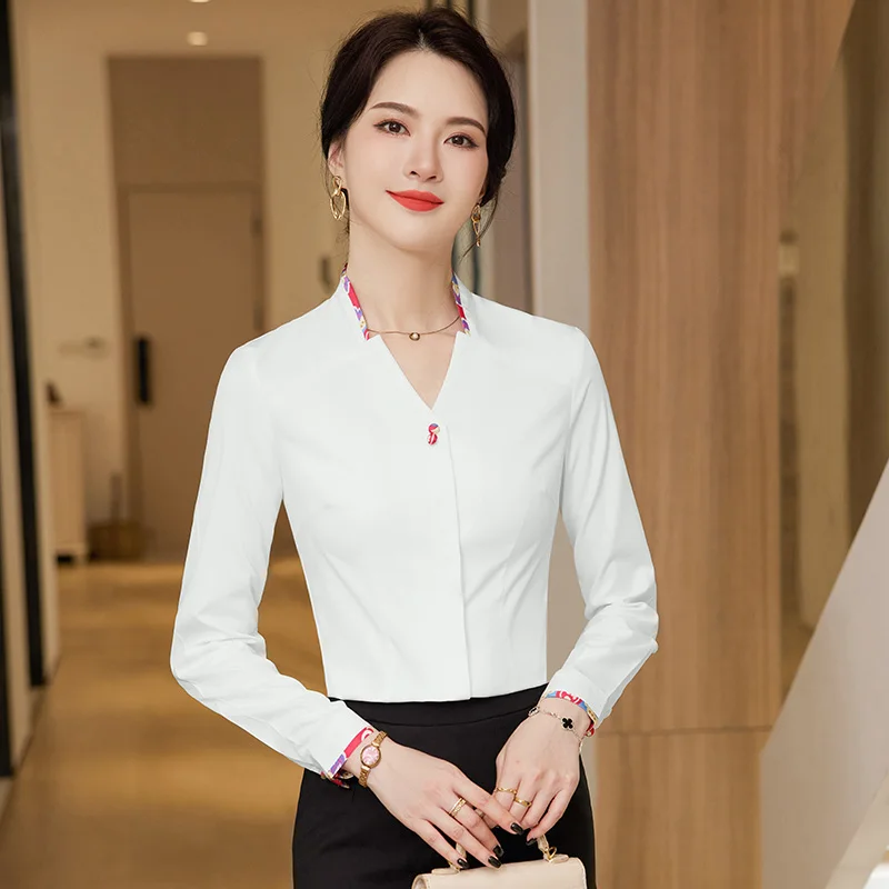 NAVIU Womens Long Sleeve V Neck Formal Shirt Professional Interview Blouses Temperament Uniform Office Lady Work Tops New