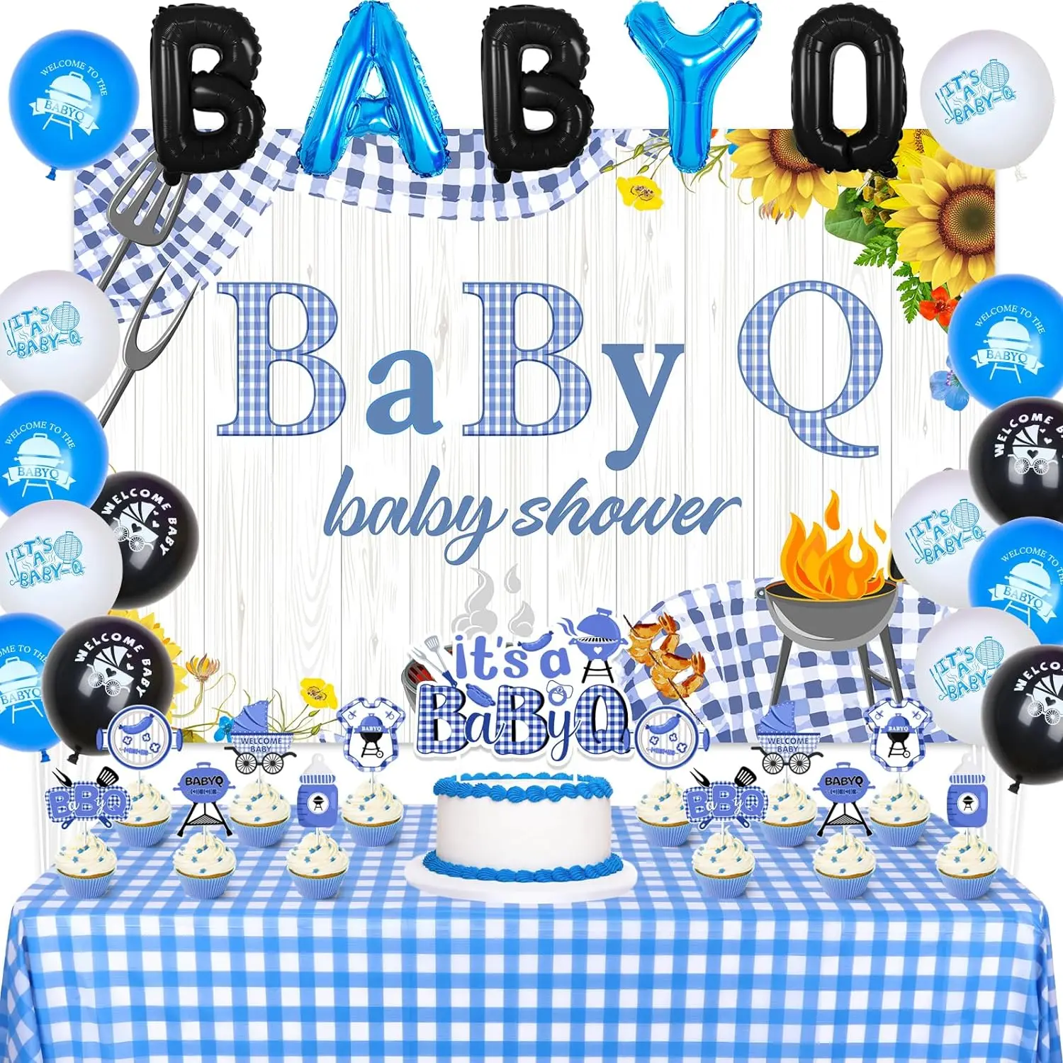 

It’s A Baby Q Party Supplies with Balloons Cake Topper Checkered Backdrop Tablecloth - Barbecue Picnic Theme Baby Shower Decor