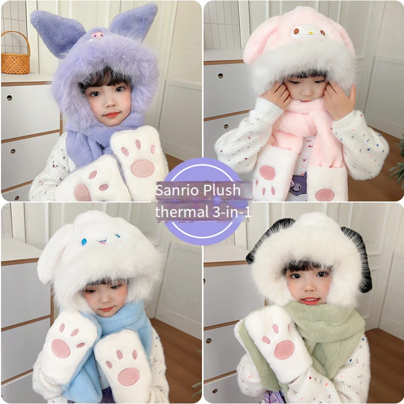 Sanrios Child Hat Scarf Gloves In One Kuromi Thicken Keep Warm Boy Girl Kawaii Cartoon Protection From Cold Ear Protection Hat