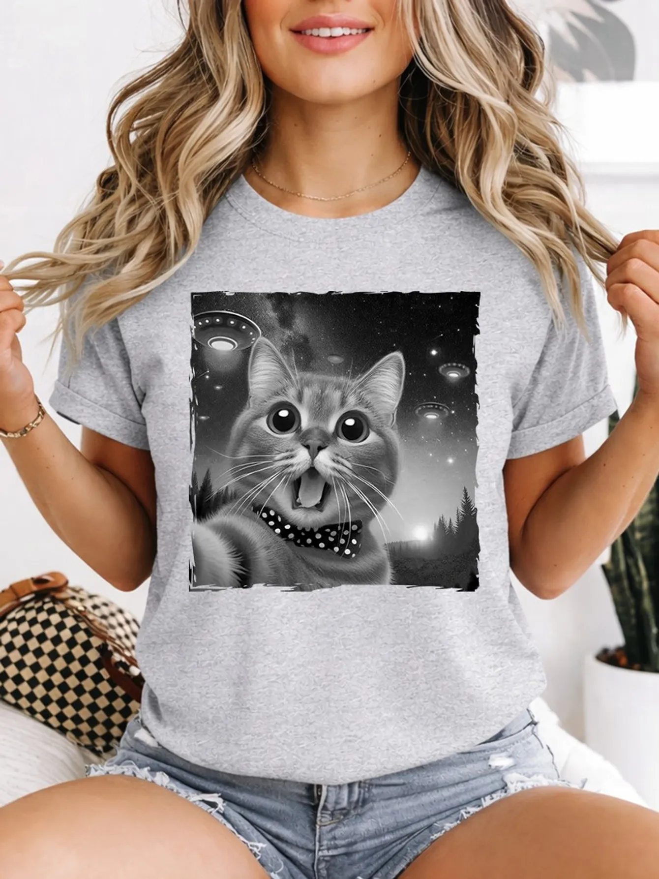Cute Surprised Cat Ufo Galaxy Night Sky Forest Bow Tie Art Print Graphic Ladies T Shirt Short Sleeve Crew Neck Casual Tee Tops