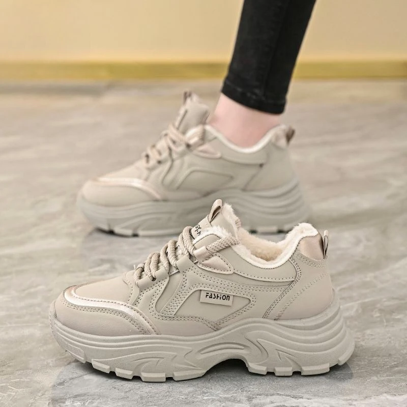 

2025 Winter Furry Chunky Dad Shoes for Women Korean Style Thick Sole Warmth Sneakers Insulated Sportswear for Running Casual​