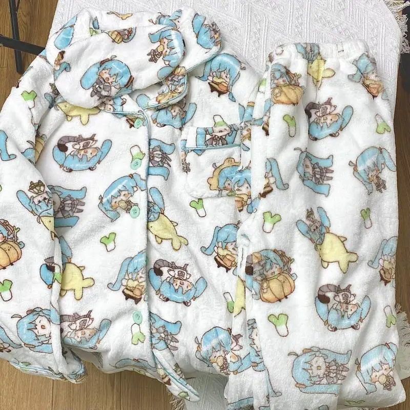 Y2K Anime Girly Hatsune Mikus Cartoon Flannel Thicken Pajamas Loungewear Set Anutumn Winter Sweet Women Long Sleeves Home Cothes