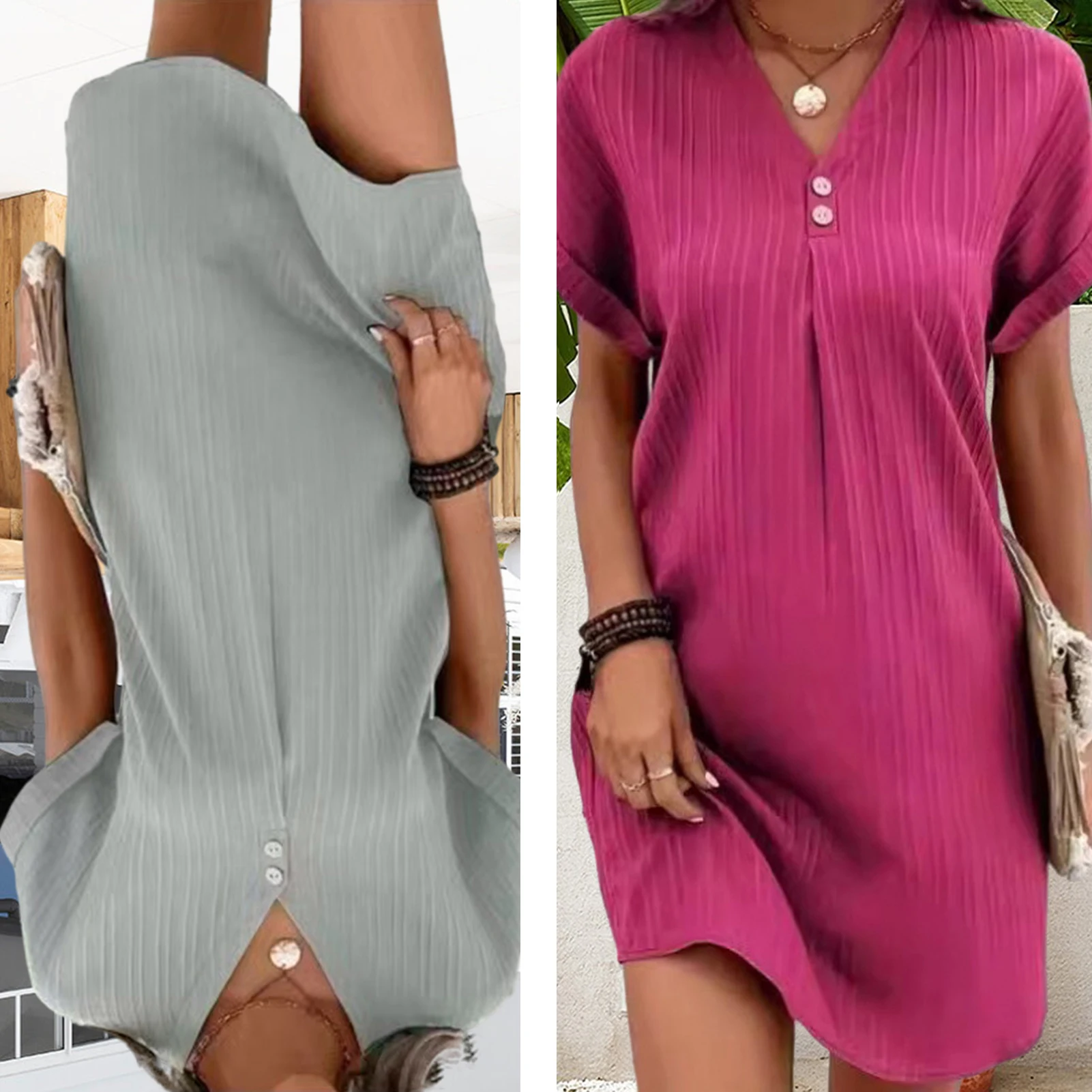 2025 Summer Women's Loose T-Shirt Dress Ladies V Neck Short Sleeve Beach Tunic Dress Sundress Button Down Elegant Mini Dress