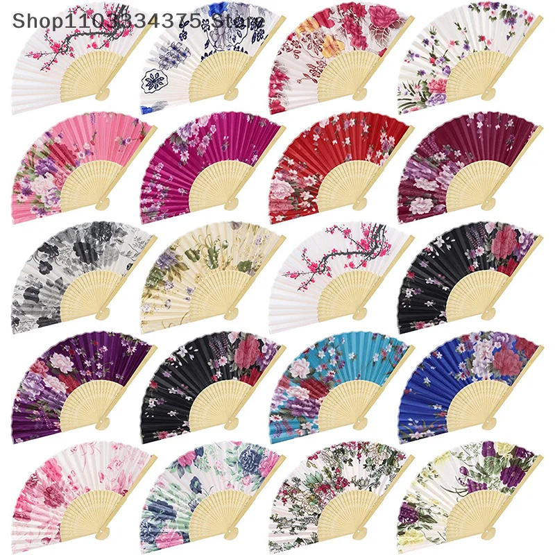 Silk Fan - Chinese Japanese Style Vintage Folding Hand Fan with Flower Pattern Print for Party Dance Gift or Home Decoration