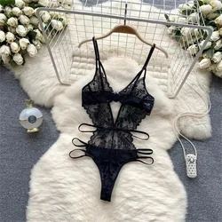 Lace Sexy Hollow Transparent Strappy Pajamas 2024 New Women's Jumpsuit Slim Fit Lingerie Hot Jumpsuit Backless Sensual Nightwear