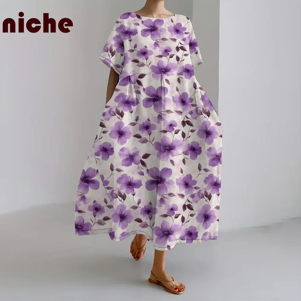 

Elegant Ladies Dress Fashion Purple Flower Graphic Printing Loose Casual High Quality Soft Fabric Trendy New Skirt