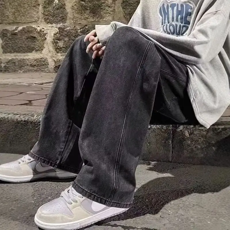 ファッションメンズソリッドカラードレープジーンズルーズストレート韓国ヴィンテージハイストリートヒップホップカジュアルデイリードラギングワイドレッグパンツ