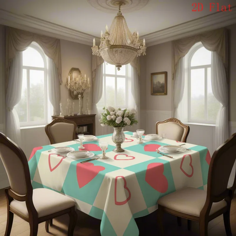 【2D flat banner】 Polyester square tablecloth, with a fresh style of heart-shaped checkered pattern in pink and blue colors.xzj