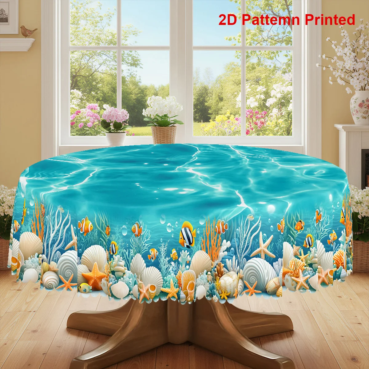 1-piece 2D flat tablecloth. Ocean-themed party tablecloth. Summer design featuring clownfish, shells and starfish prints.