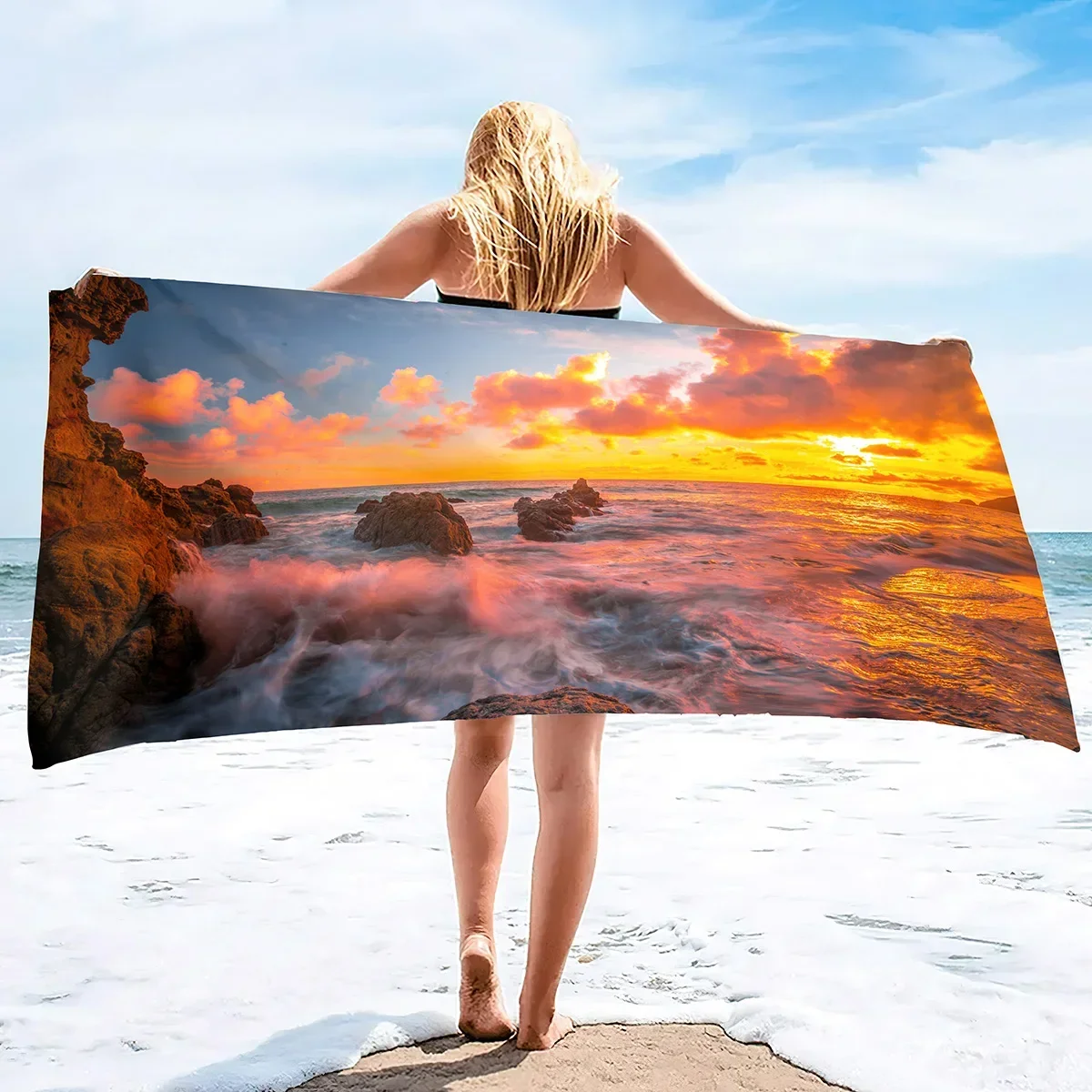 Sunrise At Sea Beach Towel,Summer Beach Sea Water Sand Microfiber Soft Towels for Bath Hair Hand Towel for Women/Men/Girls/Boys