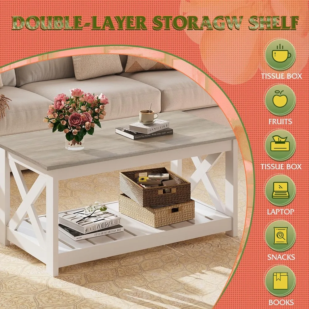 طاولة القهوة، 40.1 طاولة قهوة المزرعة مع رف تخزين شرائحي وإطار على شكل X، طاولة مركزية خشبية من طبقتين للمعيشة #5