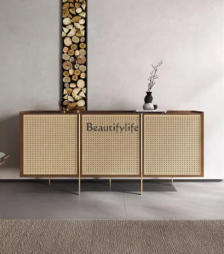 

FG28Entrance cabinet antique walnut retro rattan cabinet against the wall