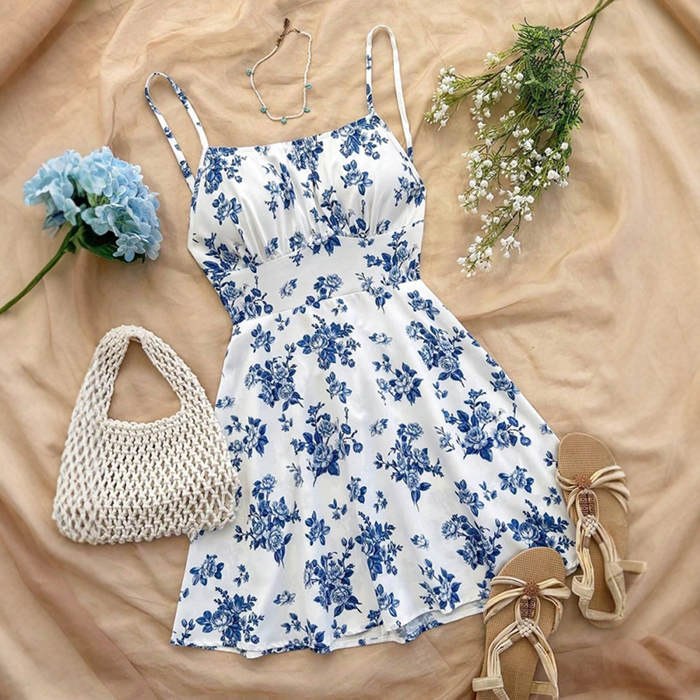 ชุดเดรสฤดูใบไม้ผลิฤดูร้อนน่ารักเดท Ditsy ดอกไม้แขนกุดสแควร์คอมินิ Cami ชุดลําลองสําหรับสตรี