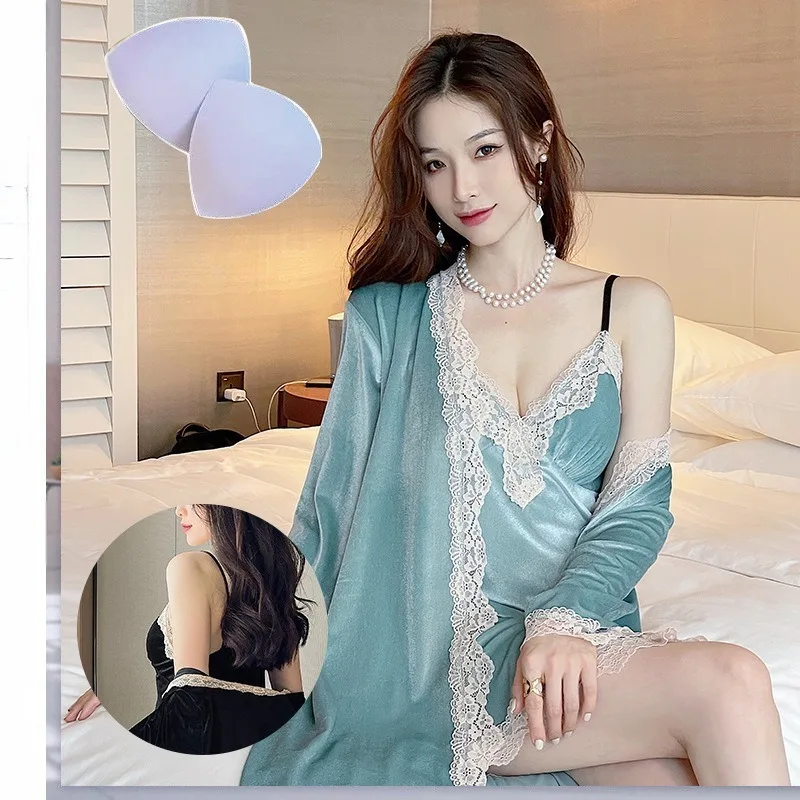 

Женская одежда для сна с кружевным кружевом и подушкой на груди, золотистая бархатная одежда для сна, сексуальный комплект ночной рубашки с разрезом на подтяжках