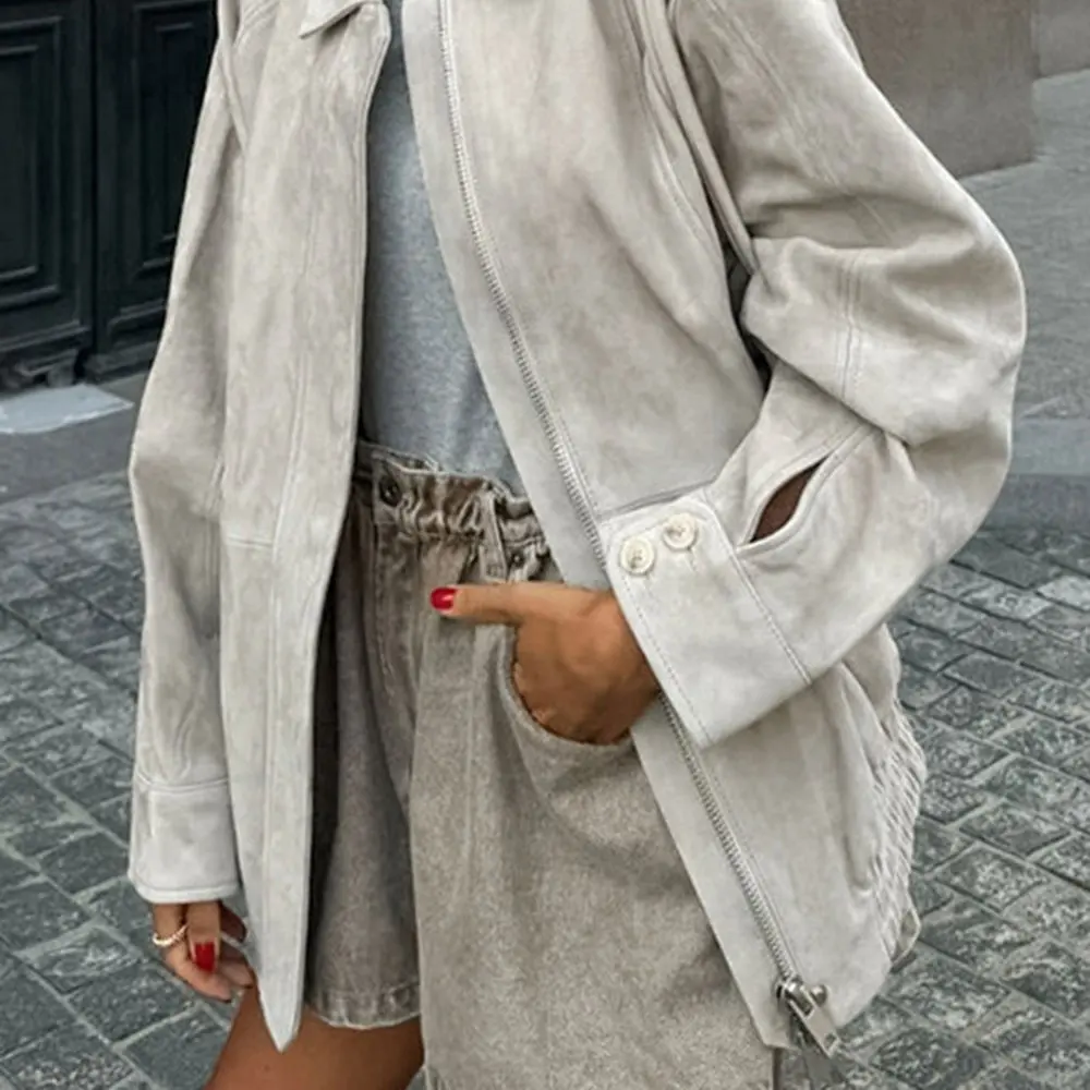 

Women's Suede Leather Jacket Mid-Length Loose Fit Slimming Outerwear Grey Design Sensation Autumn Fashion Top