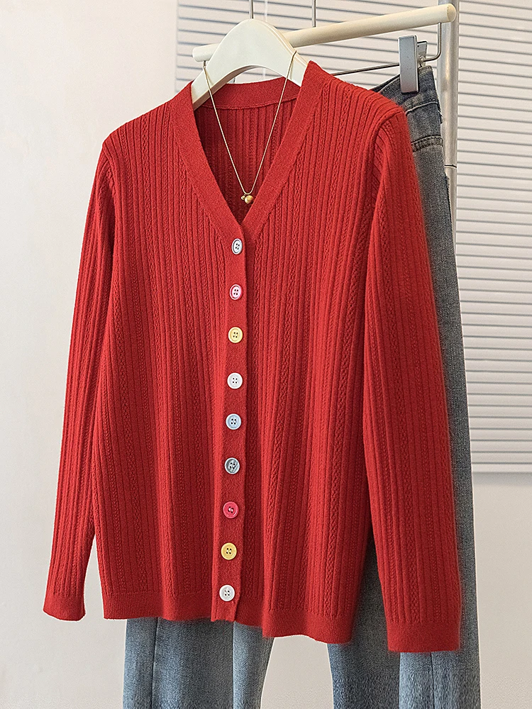 

plus Size Women's V-Neck Long Sleeve Knitted Slimming Base Shirt Casual Red Versatile Loose Fit Autumn Wear Ladies' Premium F...