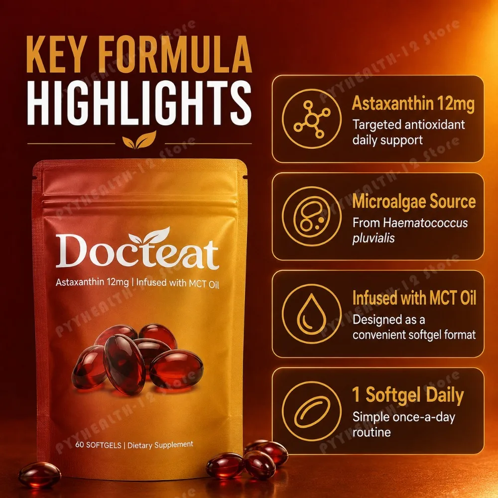 Astaxanthin 12mg Supplement, Antioxidant Support for Eye & Skin Health, Haematococcus Pluvialis Microalgae, Adults, 60 Softgels
