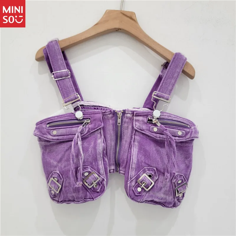 

European Style Denim Bustier Top, 3D Cargo Pocket Sleeveless Vest for Women