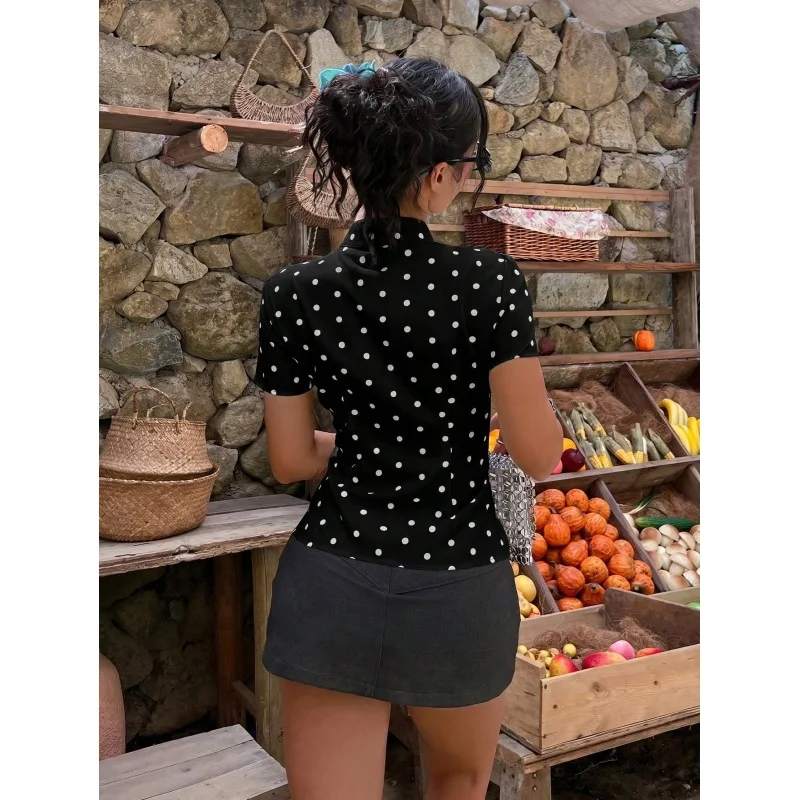 2026 summer new polka dot stand up collar short sleeved shirt for women, slim fit and slimming, spicy girl top