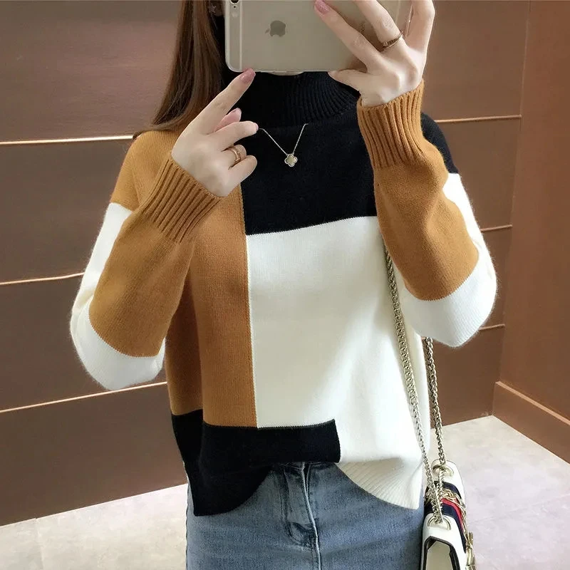 Women's Sweater 2023 New Autumn Winter Color Blocking Loose Sweaters Long Sleeve Turtleneck Jumper Soft Warm Pull Femme