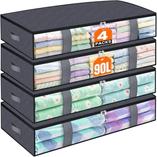 

Контейнеры для хранения под кроватью, набор из 4 сумок для хранения одеял, складные сумки для хранения с большими молниями, прозрачная передняя панель, для хранения обуви