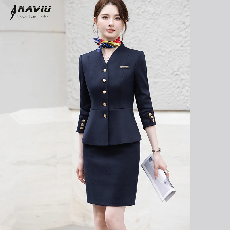 

NAVIU Fashion Office Navy Blue Long Sleeve Suit Elegant Style Women Spring Autumn Professional Single Breasted Blazer And Skirt