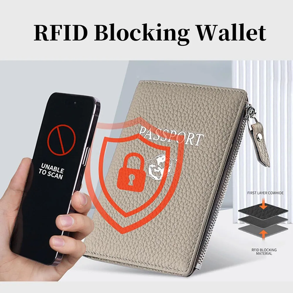  Genuine Leather RFID Blocking Wallet Passport Holder for Travel Slim Card Case Wallet Coin Purse with Zipper Pocket