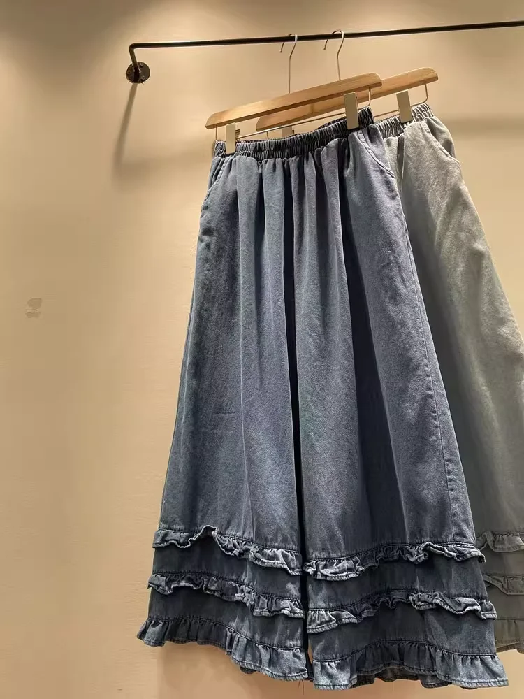 

2025 Japanese Vintage Mori Girl Ruffled Solid Denim Wide Leg Pants Women Fall Elastic Waist Jeans Pants